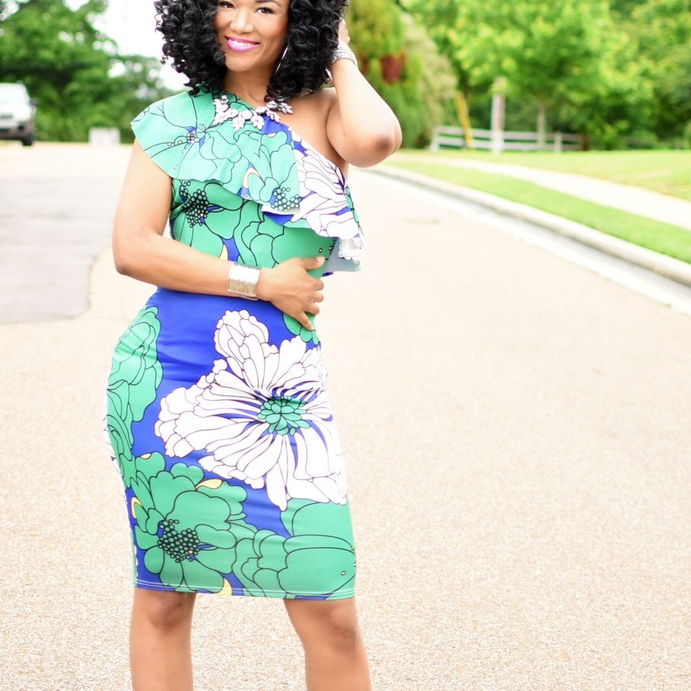Blue, Green and White Floral One Shoulder Dress